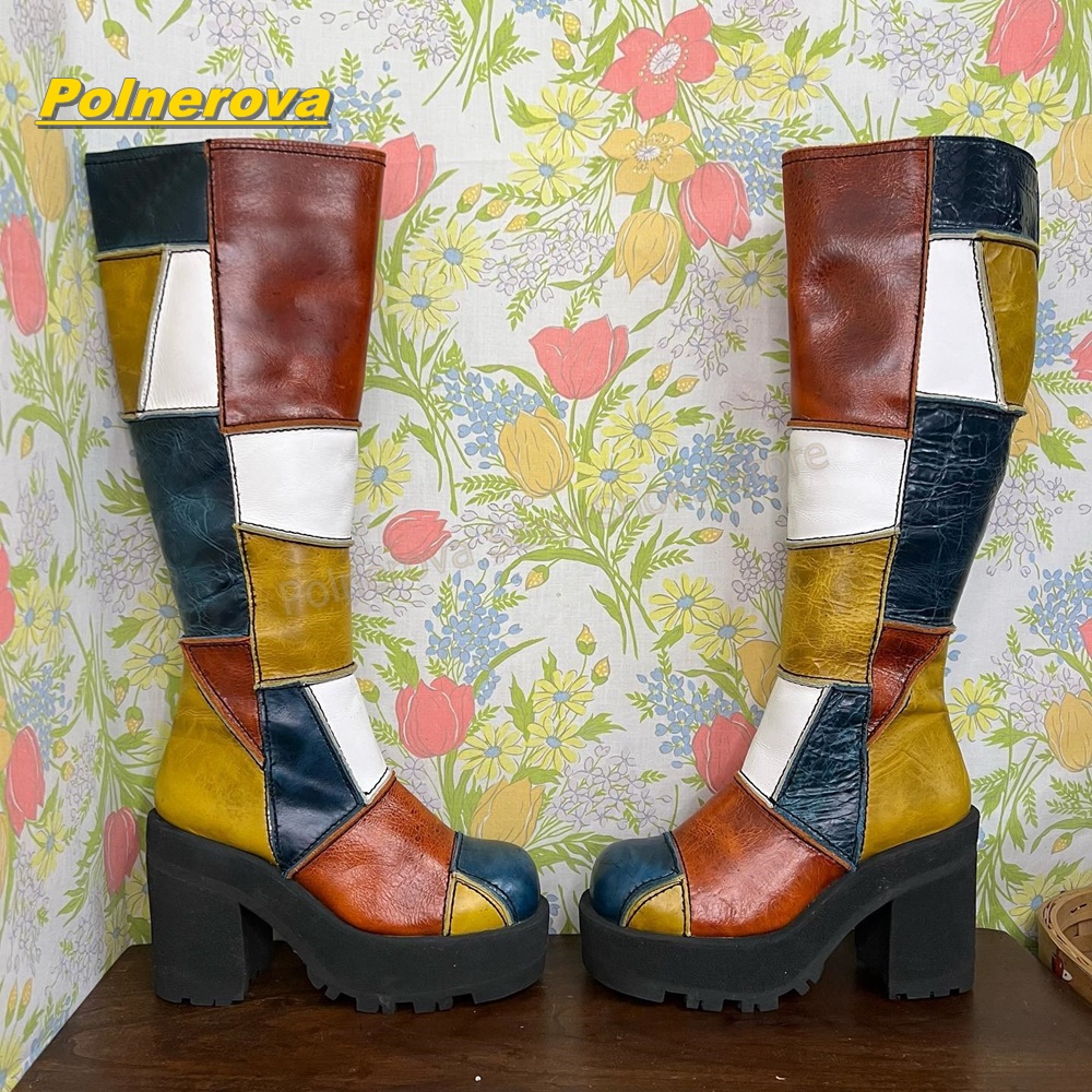 Street Fashion Vintage - Sepatu Boots Kulit Wanita Retro Patchwork