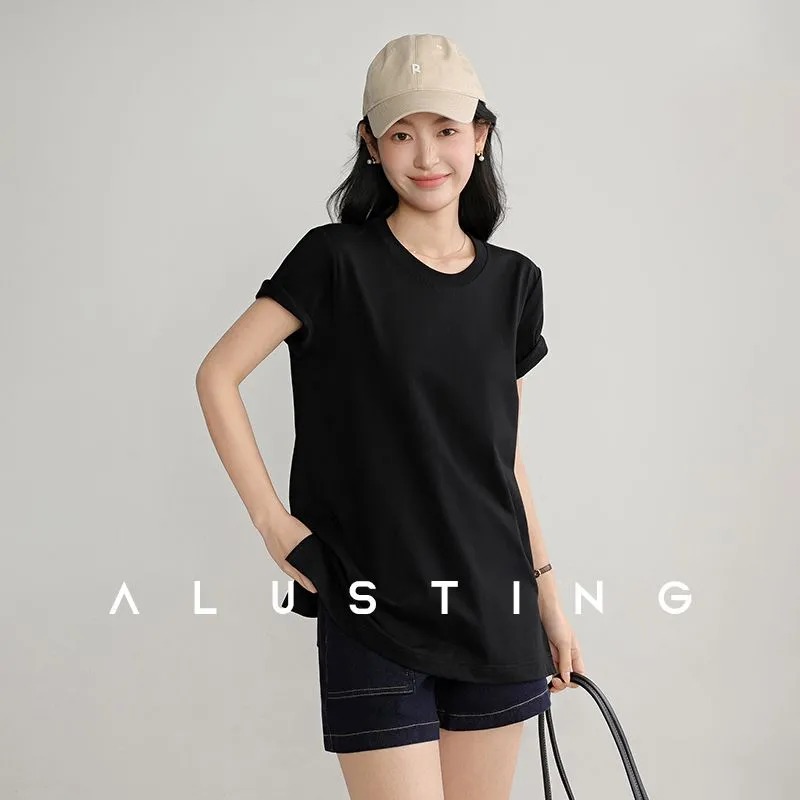 Longline Tee Oversized - Kaos Wanita Musim Panas Kerah Bulat