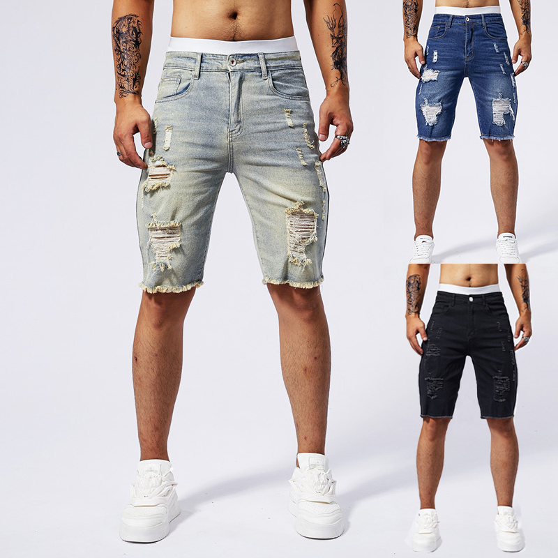 Street Fashion Men 2025 - Celana Pendek Denim Robek Pria Baru