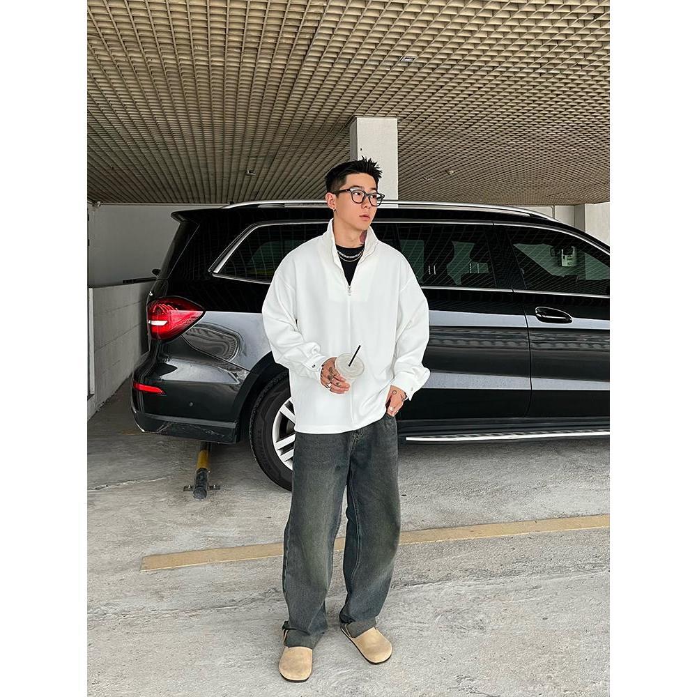 Longline Tee Oversized - Kaus pria kerah tinggi, atasan ritsleting
