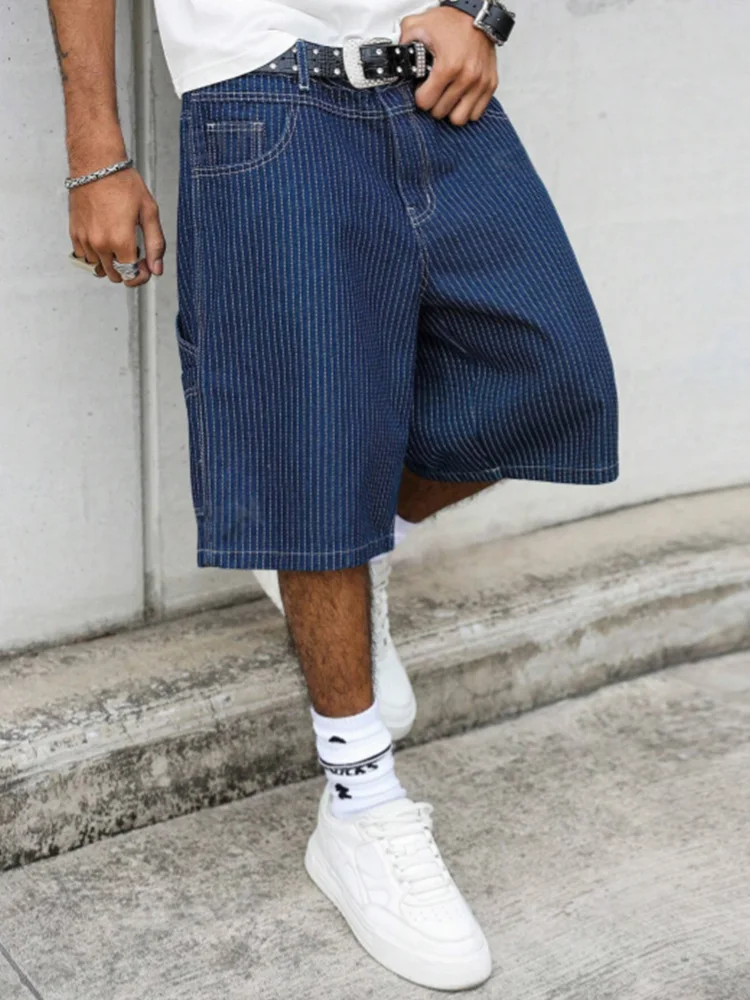 Street Fashion Baggy - Celana Pendek Denim Baggy Motif Garis